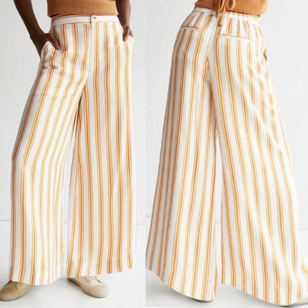 NWT Anthropologie MAEVE Sunshine Wide Leg Satin Striped Pants Yellow White 8